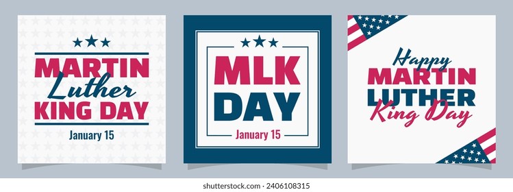 Martin Luther King day square template collection. MLK day set of banners, posts, backgrounds with lettering and US flag. Modern vector illustrations.