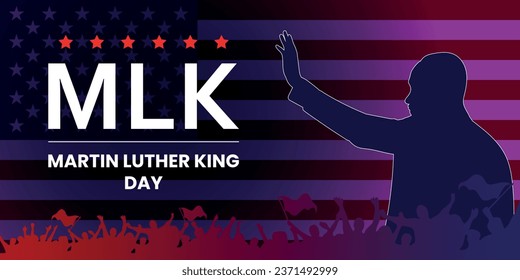 Martin Luther King day, USA flag in background, happy MLK celebration, side profile with stars and stripes, horizontal banner, people cheer, strike, parade, riot, protest or rally