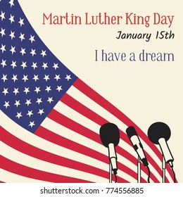 Martin Luther King Day in den USA. Vektorillustration-Illustration mit amerikanischer Flagge, Mikrofonen und Erinnerungsaufschrift. Der berühmte Satz, den ich habe einen Traum. Kann für Design, Grußkarte, Banner, Cover verwendet werden