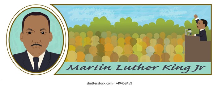 Martin Luther King Jr - Cartoon Illustration Of Martin Luther King Jr Portrait And Speaking In Front Of A Crowd. Eps10