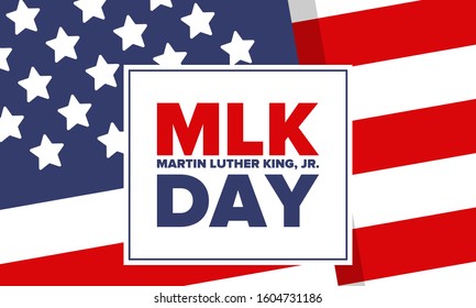 Martin Luther King, Jr. Day. Celebrated annual in United States in January, federal holiday. African American Rights Fighter. Patriotic american elements. Poster, card, banner, background. Vector