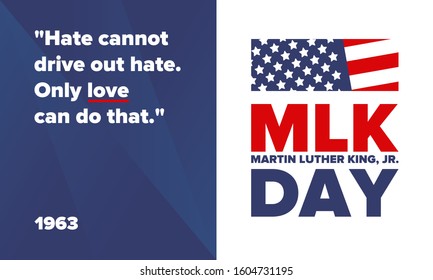 Martin Luther King, Jr. day. Celebrated annual in United States in January, federal holiday. African American Rights Fighter. Patriotic american elements. Poster, card, banner, background. Vector