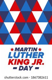 Martin Luther King, Jr. Day. Celebrated annual in United States in January, federal holiday. African American Rights Fighter. Patriotic american elements. Poster, card, banner, background. Vector