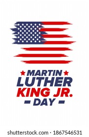 Martin Luther King, Jr. Day. Celebrated annual in United States in January, federal holiday. African American Rights Fighter. Patriotic american elements. Poster, card, banner, background. Vector
