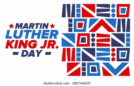Martin Luther King, Jr. Day. Celebrated annual in United States in January, federal holiday. African American Rights Fighter. Patriotic american elements. Poster, card, banner, background. Vector