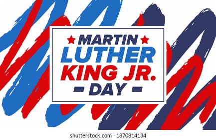 Martin Luther King, Jr. Day. Celebrated annual in United States in January, federal holiday. African American Rights Fighter. Patriotic american elements. Poster, card, banner, background. Vector