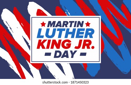 Martin Luther King, Jr. Day. Celebrated annual in United States in January, federal holiday. African American Rights Fighter. Patriotic american elements. Poster, card, banner, background. Vector