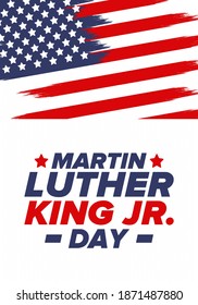Martin Luther King, Jr. Day. Celebrated annual in United States in January, federal holiday. African American Rights Fighter. Patriotic american elements. Poster, card, banner, background. Vector