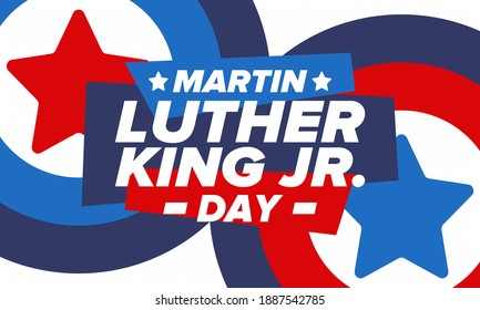 Martin Luther King, Jr. Day. Celebrated annual in United States in January, federal holiday. African American Rights Fighter. Patriotic american elements. Poster, card, banner, background. Vector
