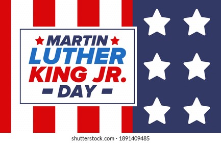 Martin Luther King, Jr. Day. Celebrated annual in United States in January, federal holiday. African American Rights Fighter. Patriotic american elements. Poster, card, banner, background. Vector