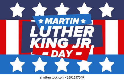 Martin Luther King, Jr. Day. Celebrated annual in United States in January, federal holiday. African American Rights Fighter. Patriotic american elements. Poster, card, banner, background. Vector