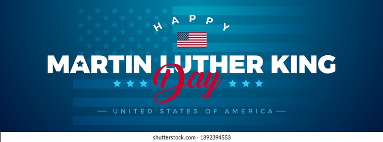 Martin Luther King Jr. Day typography greeting card design. MLK Day lettering, US flag, stars and stripes, dark blue vector background