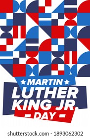 Martin Luther King, Jr. Day. Celebrated annual in United States in January, federal holiday. African American Rights Fighter. Patriotic american elements. Poster, card, banner, background. Vector