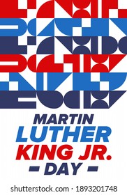 Martin Luther King, Jr. Day. Celebrated annual in United States in January, federal holiday. African American Rights Fighter. Patriotic american elements. Poster, card, banner, background. Vector