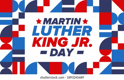 Martin Luther King, Jr. Day. Celebrated annual in United States in January, federal holiday. African American Rights Fighter. Patriotic american elements. Poster, card, banner, background. Vector