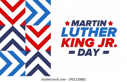 Martin Luther King, Jr. Day. Celebrated annual in United States in January, federal holiday. African American Rights Fighter. Patriotic american elements. Poster, card, banner, background. Vector