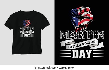 Martin Luther King jr. Day t-shirt Design in USA theme with ribbon, fist, flag