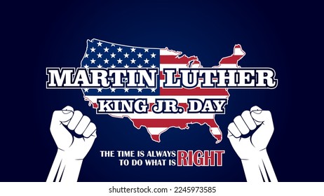 Martin Luther King Jr. Day typography greeting card design. MLK Day lettering quote, US flag, gradient blue background vector. The time is always right to do what is right
