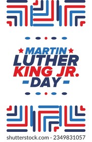 Martin Luther King, Jr. Day. Celebrated annual in United States in January, federal holiday. African American Rights Fighter. Patriotic american elements. Poster, card, banner, background. Vector
