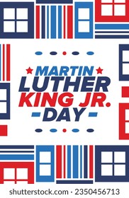 Martin Luther King, Jr. Day. Celebrated annual in United States in January, federal holiday. African American Rights Fighter. Patriotic american elements. Poster, card, banner, background. Vector