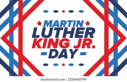 Martin Luther King, Jr. Day. Celebrated annual in United States in January, federal holiday. African American Rights Fighter. Patriotic american elements. Poster, card, banner, background. Vector