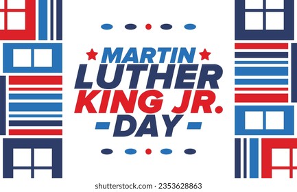 Martin Luther King, Jr. Day. Celebrated annual in United States in January, federal holiday. African American Rights Fighter. Patriotic american elements. Poster, card, banner, background. Vector