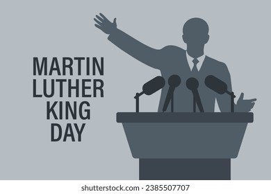 Martin Luther King Jr. Tag Grußkartendesign. MLK Day. Silhouette eines Politikers auf einem Podium mit Mikrofonen. Vektorgrafik