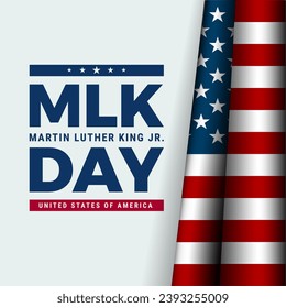 Diseño de pancartas de tipografía del Día de Martin Luther King Jr. Grabado del día MLK, bandera de EE. UU., fondo vectorial azul claro - Forma cuadrada perfecta para medios sociales o diseño web