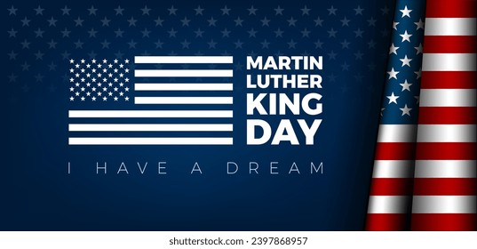 Diseño de tarjetas de felicitación para tipografía de Martin Luther King Jr. Day. MLK Day inscribiendo cita inspiradora, bandera de EE. UU., fondo vectorial azul oscuro - tengo un sueño