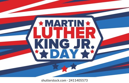 Martin Luther King, Jr. Day. Celebrated annual in United States in January, federal holiday. African American Rights Fighter. Patriotic american elements. Poster, card, banner, background. Vector