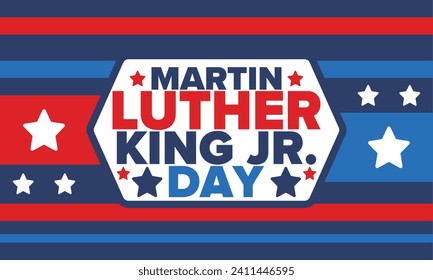 Martin Luther King, Jr. Day. Celebrated annual in United States in January, federal holiday. African American Rights Fighter. Patriotic american elements. Poster, card, banner, background. Vector