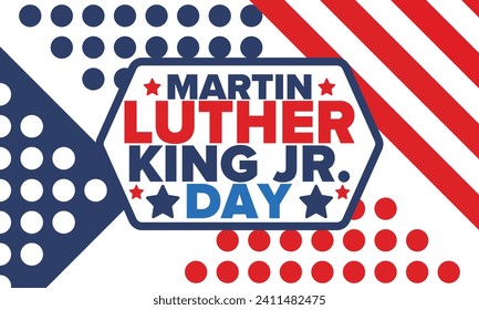 Martin Luther King, Jr. Day. Celebrated annual in United States in January, federal holiday. African American Rights Fighter. Patriotic american elements. Poster, card, banner, background. Vector