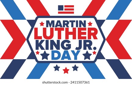 Martin Luther King, Jr. Day. Celebrated annual in United States in January, federal holiday. African American Rights Fighter. Patriotic american elements. Poster, card, banner, background. Vector