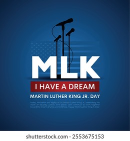 Martin Luther King Jr. Day banner. I have a dream quote with USA flag on blue background. MLK Banner of memorial day.