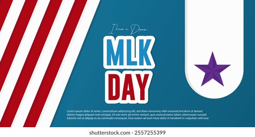 Martin Luther King Jr. Day with the USA flag. Background blue with purple star  vector illustration