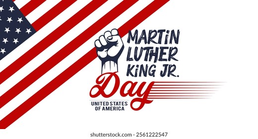 Martin Luther King Jr. Day Celebration Poster, MLK Day Tribute with American Flag and Raised Fist, Commemorative Artwork for Martin Luther King Jr. Day