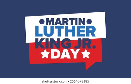 Martin Luther King, Jr. Day. Celebrated annual in United States in January, federal holiday. African American Rights Fighter. Patriotic american elements. Poster, card, banner, background. Vector