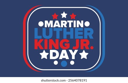 Martin Luther King, Jr. Day. Celebrated annual in United States in January, federal holiday. African American Rights Fighter. Patriotic american elements. Poster, card, banner, background. Vector