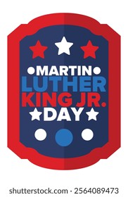 Martin Luther King, Jr. Day. Celebrated annual in United States in January, federal holiday. African American Rights Fighter. Patriotic american elements. Poster, card, banner, background. Vector