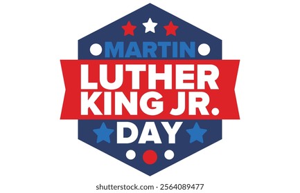 Martin Luther King, Jr. Day. Celebrated annual in United States in January, federal holiday. African American Rights Fighter. Patriotic american elements. Poster, card, banner, background. Vector