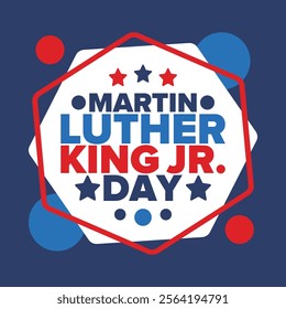 Martin Luther King, Jr. Day. Celebrated annual in United States in January, federal holiday. African American Rights Fighter. Patriotic american elements. Poster, card, banner, background. Vector