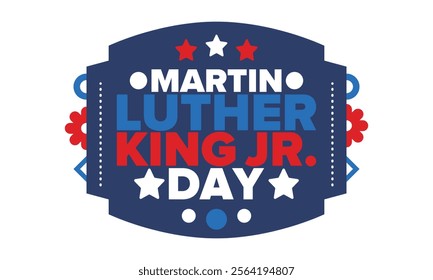 Martin Luther King, Jr. Day. Celebrated annual in United States in January, federal holiday. African American Rights Fighter. Patriotic american elements. Poster, card, banner, background. Vector