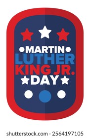 Martin Luther King, Jr. Day. Celebrated annual in United States in January, federal holiday. African American Rights Fighter. Patriotic american elements. Poster, card, banner, background. Vector