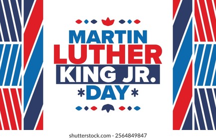 Martin Luther King, Jr. Day. Celebrated annual in United States in January, federal holiday. African American Rights Fighter. Patriotic american elements. Poster, card, banner, background. Vector