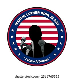 Martin Luther King Jr Day Poster with Flat Cartoon Style, Circular Design, and Simple Emblem in Blue, Red, and Black Colors Isolated on White Background