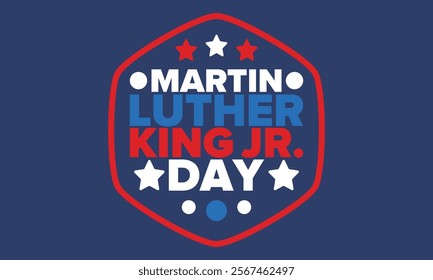 Martin Luther King, Jr. Day. Celebrated annual in United States in January, federal holiday. African American Rights Fighter. Patriotic american elements. Poster, card, banner, background. Vector