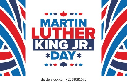 Martin Luther King, Jr. Day. Celebrated annual in United States in January, federal holiday. African American Rights Fighter. Patriotic american elements. Poster, card, banner, background. Vector