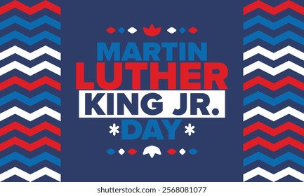 Martin Luther King, Jr. Day. Celebrated annual in United States in January, federal holiday. African American Rights Fighter. Patriotic american elements. Poster, card, banner, background. Vector