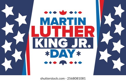 Martin Luther King, Jr. Day. Celebrated annual in United States in January, federal holiday. African American Rights Fighter. Patriotic american elements. Poster, card, banner, background. Vector