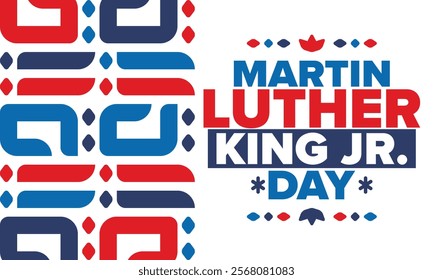 Martin Luther King, Jr. Day. Celebrated annual in United States in January, federal holiday. African American Rights Fighter. Patriotic american elements. Poster, card, banner, background. Vector